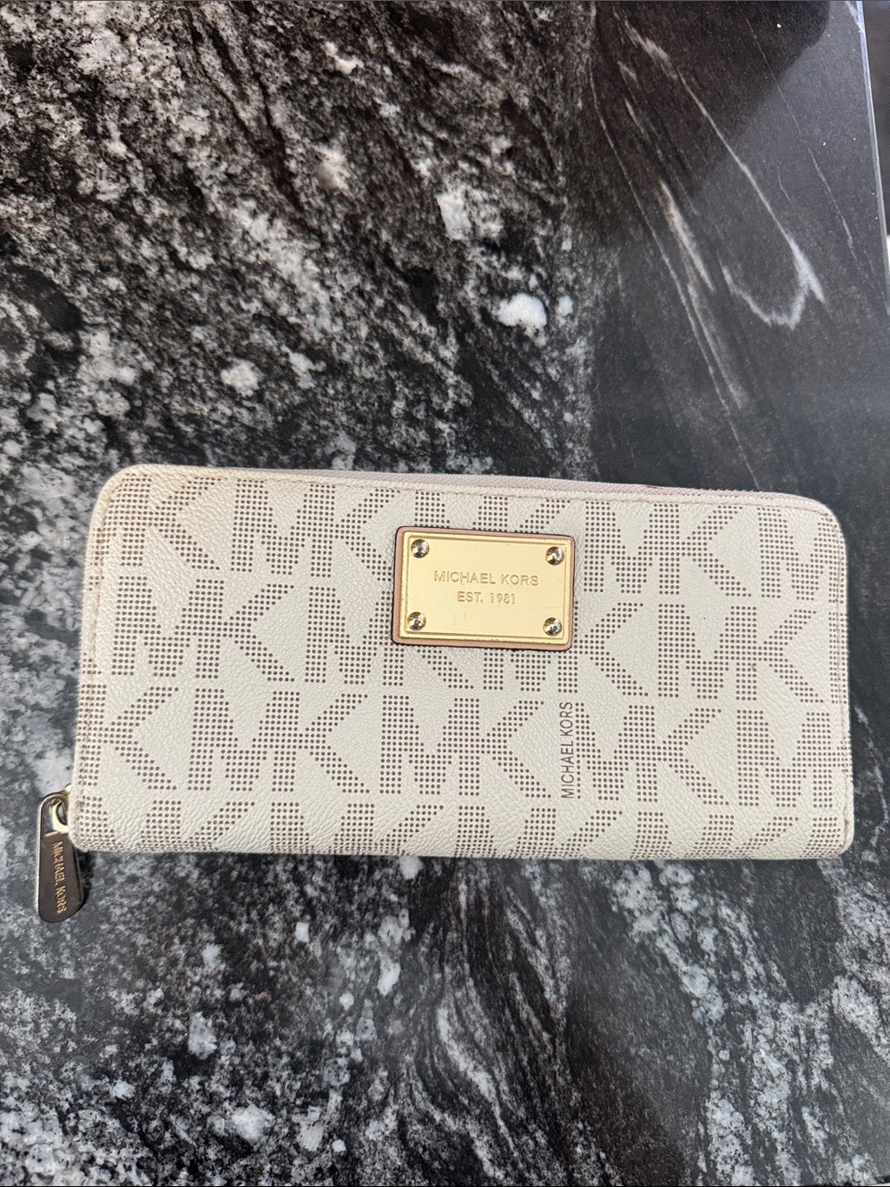 Michael Kors Cream Logo Zip-Around Continental Wallet with Gold Plaque